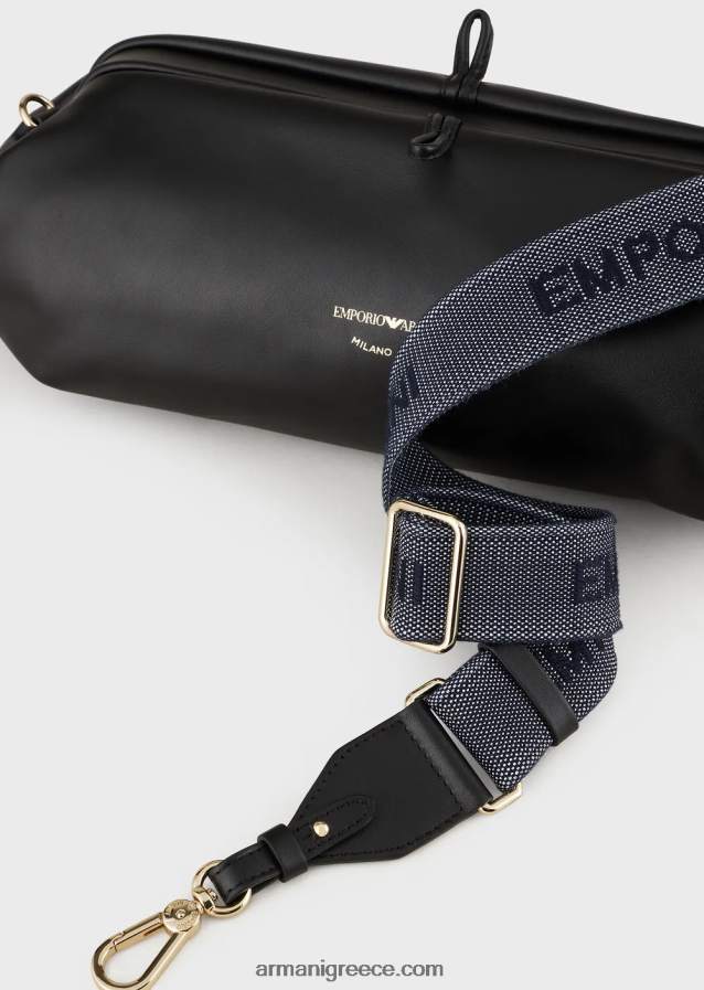γυναίκες Armani δερμάτινο τσαντάκι clutch μεγάλου μεγέθους με ιμάντα ώμου 4046R6638 μαύρος