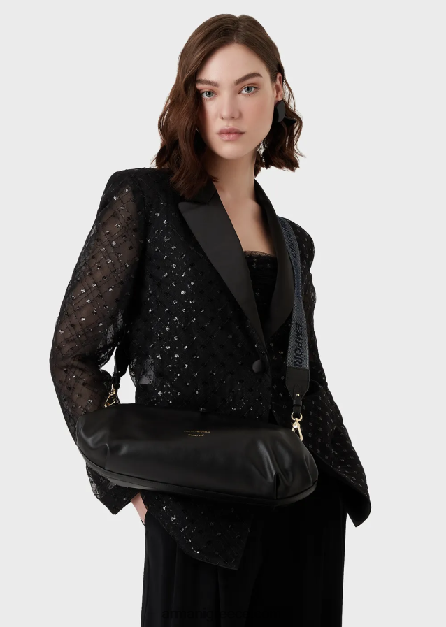 γυναίκες Armani δερμάτινο τσαντάκι clutch μεγάλου μεγέθους με ιμάντα ώμου 4046R6638 μαύρος