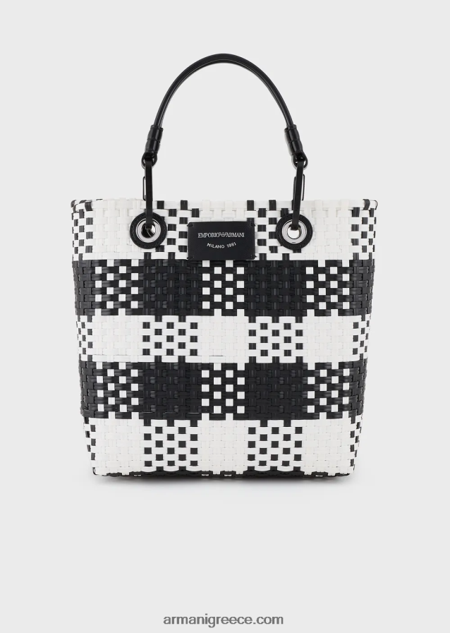 γυναίκες Armani myea κάθετη υφαντή τσάντα shopper με σχέδιο επιταγής 4046R6722 bianco e nero