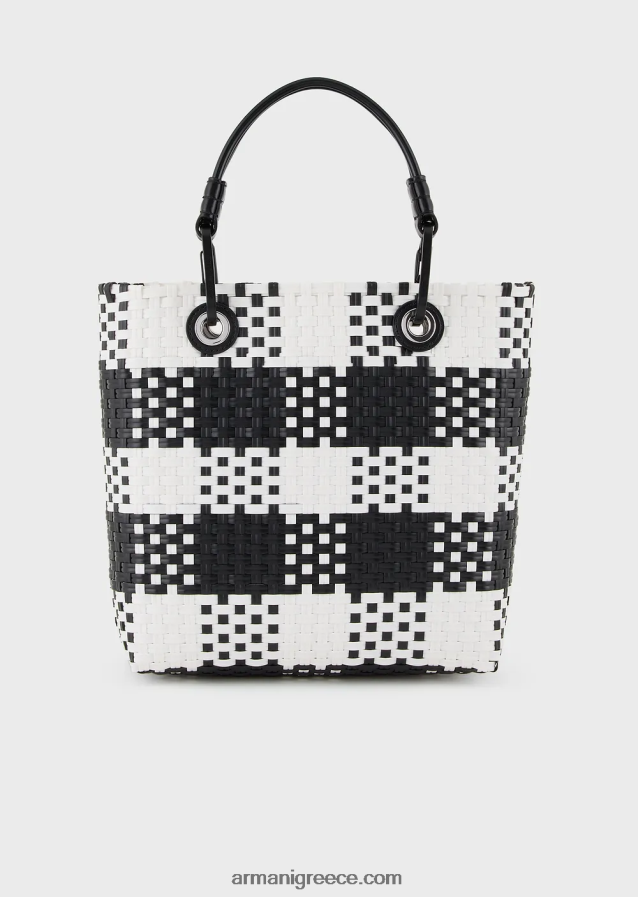 γυναίκες Armani myea κάθετη υφαντή τσάντα shopper με σχέδιο επιταγής 4046R6722 bianco e nero