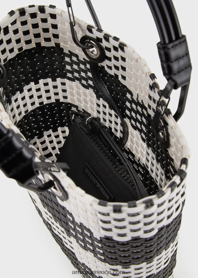 γυναίκες Armani myea κάθετη υφαντή τσάντα shopper με σχέδιο επιταγής 4046R6722 bianco e nero