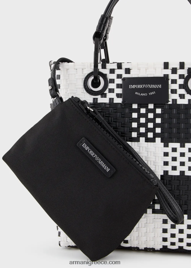 γυναίκες Armani myea κάθετη υφαντή τσάντα shopper με σχέδιο επιταγής 4046R6722 bianco e nero