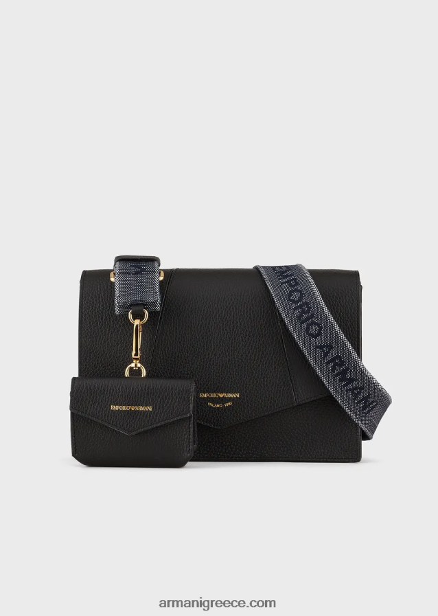 γυναίκες Armani Δερμάτινη τσάντα ώμου με στάμπα από δέρμα ελαφιού με θήκη για κάρτες 4046R6610 μαύρος