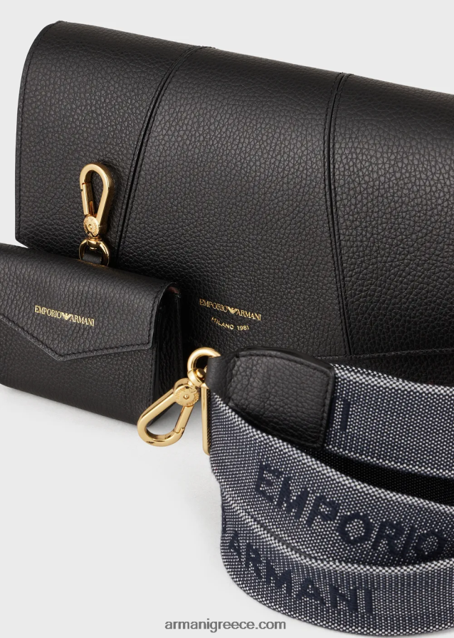 γυναίκες Armani Δερμάτινη τσάντα ώμου με στάμπα από δέρμα ελαφιού με θήκη για κάρτες 4046R6610 μαύρος