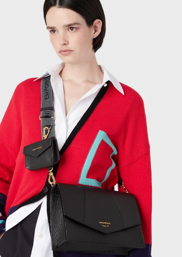 γυναίκες Armani Δερμάτινη τσάντα ώμου με στάμπα από δέρμα ελαφιού με θήκη για κάρτες 4046R6610 μαύρος