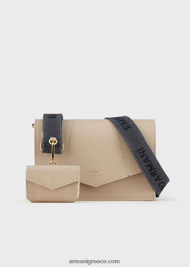 γυναίκες Armani Δερμάτινη τσάντα ώμου με στάμπα από δέρμα ελαφιού με θήκη για κάρτες 4046R6611 μπεζ