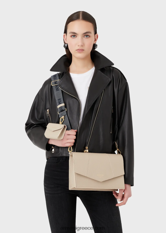 γυναίκες Armani Δερμάτινη τσάντα ώμου με στάμπα από δέρμα ελαφιού με θήκη για κάρτες 4046R6611 μπεζ