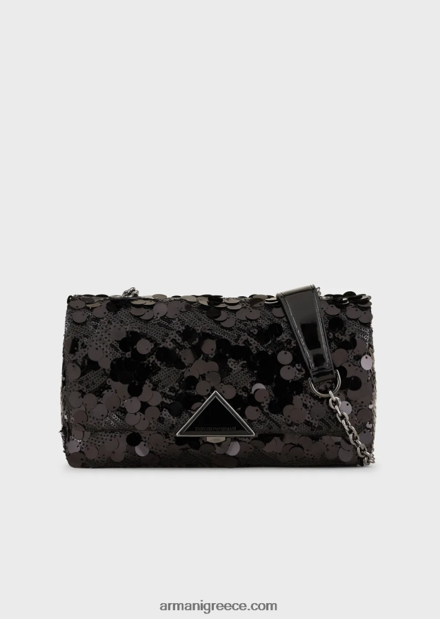 γυναίκες Armani σατέν clutch τσαντάκι με παγιέτες παντού και ιμάντα ώμου 4046R6619 μαύρος