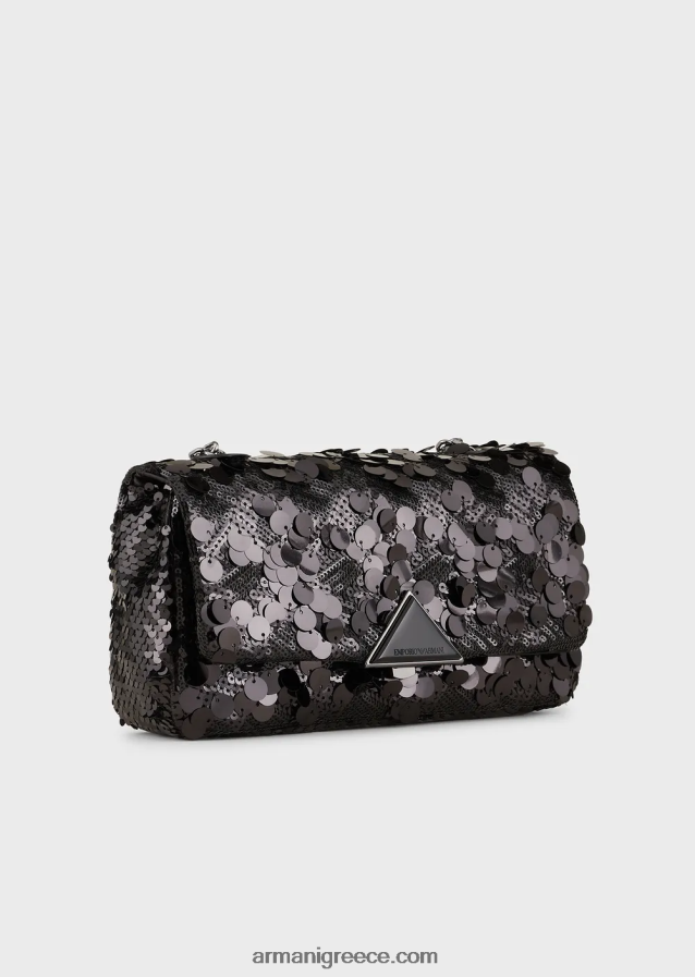 γυναίκες Armani σατέν clutch τσαντάκι με παγιέτες παντού και ιμάντα ώμου 4046R6619 μαύρος