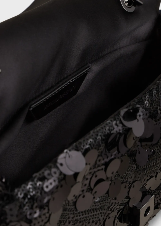 γυναίκες Armani σατέν clutch τσαντάκι με παγιέτες παντού και ιμάντα ώμου 4046R6619 μαύρος