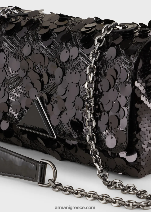γυναίκες Armani σατέν clutch τσαντάκι με παγιέτες παντού και ιμάντα ώμου 4046R6619 μαύρος