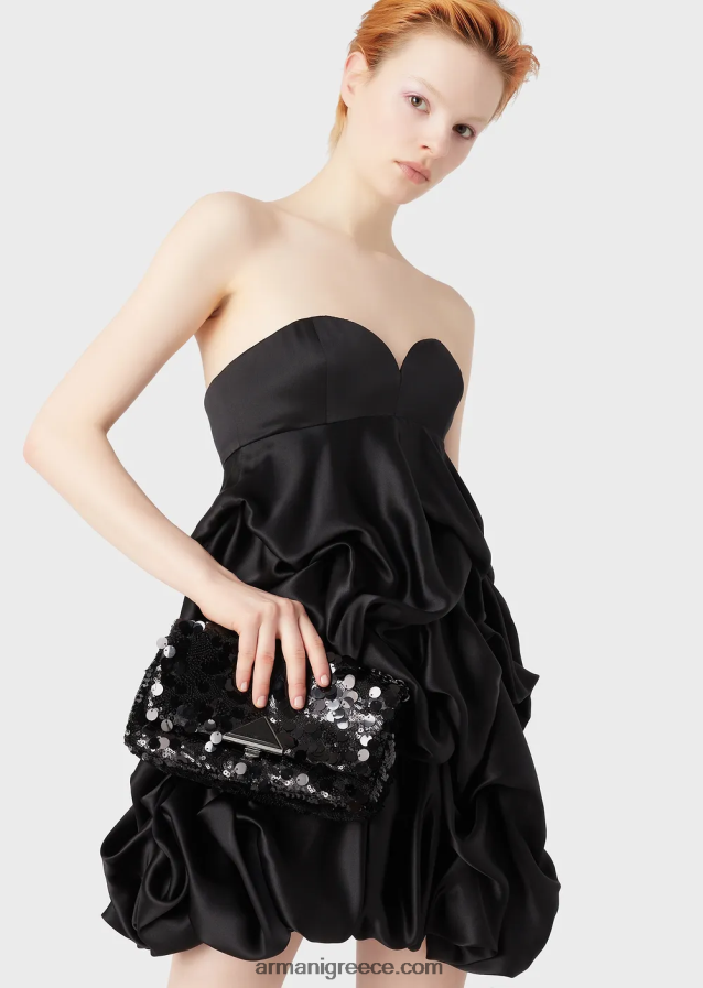 γυναίκες Armani σατέν clutch τσαντάκι με παγιέτες παντού και ιμάντα ώμου 4046R6619 μαύρος