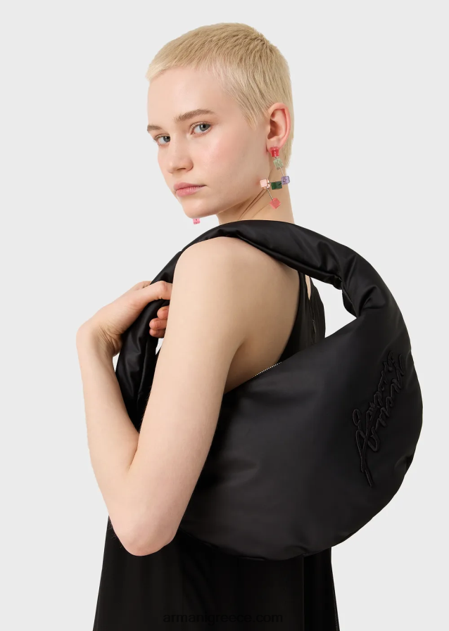 γυναίκες Armani δίχρωμη νάιλον τσάντα hobo με κέντημα υπογραφής 4046R6745 μαύρος