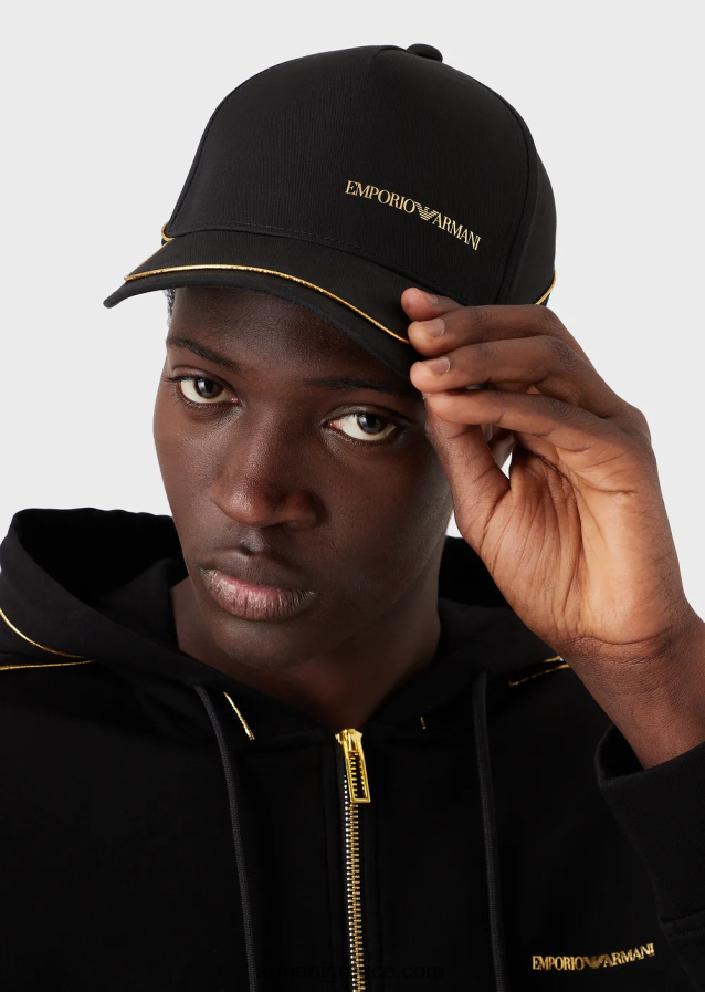 άνδρες Armani Καπέλο του μπέιζμπολ με χρυσό λογότυπο και σωληνώσεις 4046R62035 μαύρος