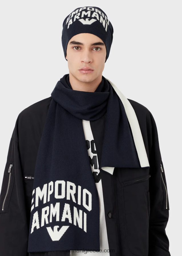 άνδρες Armani Μάλλινη μπανιέ με ζακάρ γράμματα 4046R62037 ναυτικό μπλε