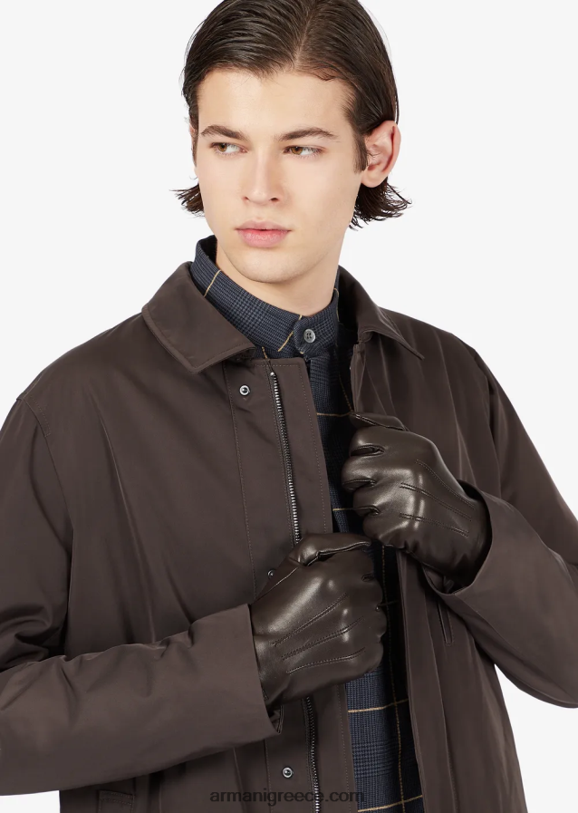 άνδρες Armani Δερμάτινα γάντια νάπα από δέρμα αρνιού με λεπτομέρεια μπαγκέτας 4046R62067 καφέ