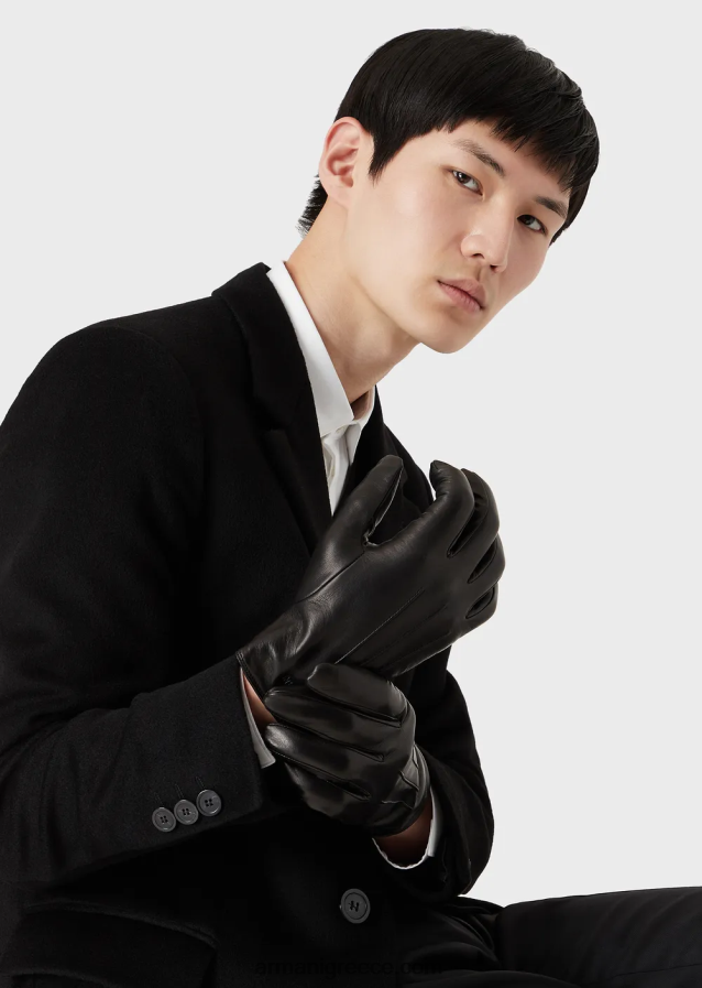 άνδρες Armani Δερμάτινα γάντια νάπα από δέρμα αρνιού με λεπτομέρεια μπαγκέτας 4046R62068 μαύρος