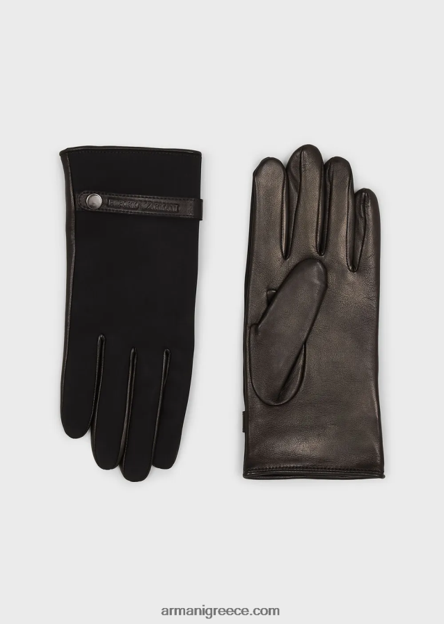 άνδρες Armani νάιλον και δερμάτινα γάντια νάπα από δέρμα αρνιού 4046R62069 μαύρος