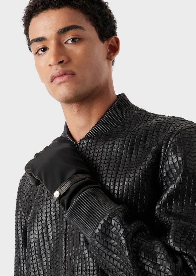 άνδρες Armani νάιλον και δερμάτινα γάντια νάπα από δέρμα αρνιού 4046R62069 μαύρος