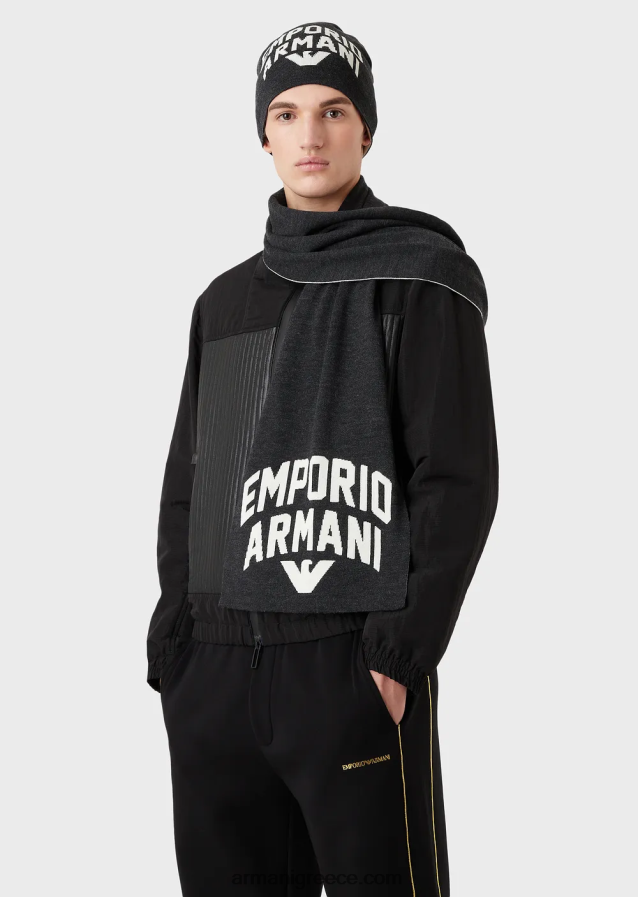 άνδρες Armani Μάλλινο κασκόλ με έντονο λογότυπο 4046R62119 σκούρο γκρίζο