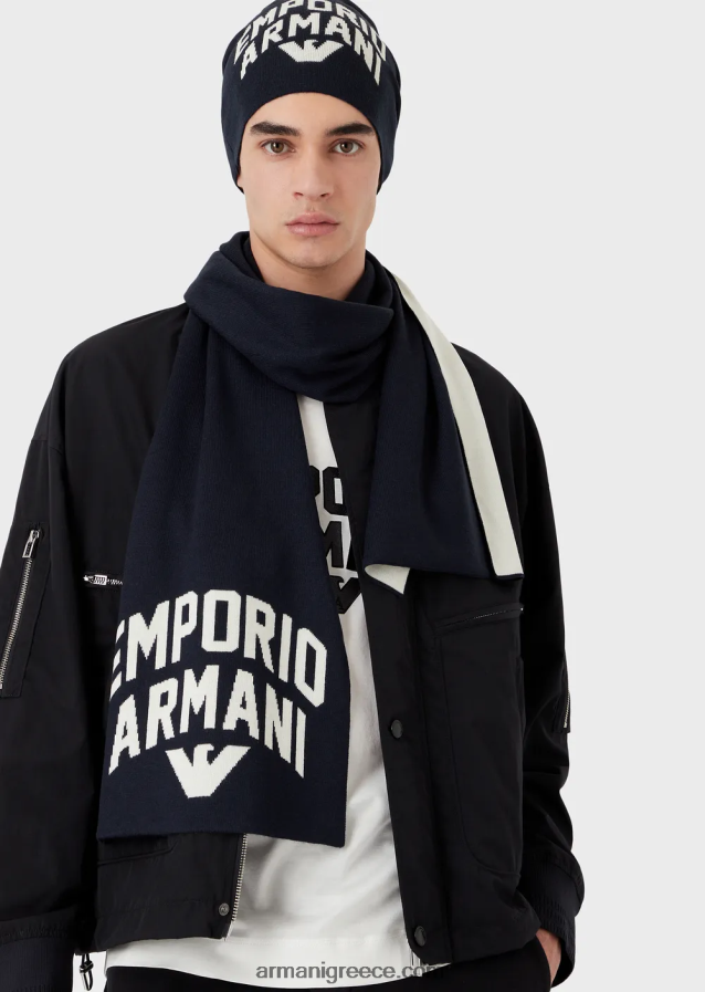 άνδρες Armani Μάλλινο κασκόλ με έντονο λογότυπο 4046R62120 ναυτικό μπλε