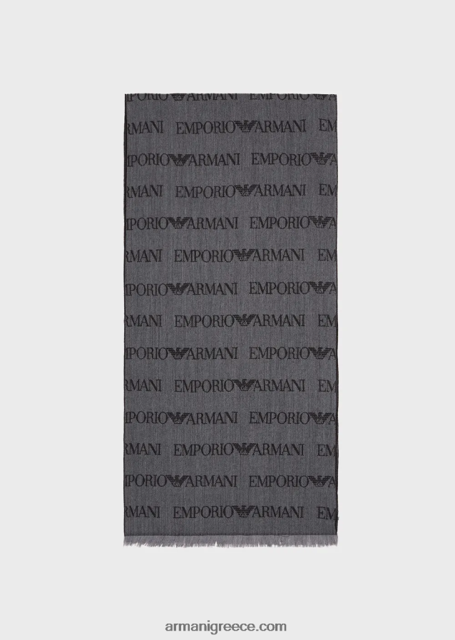 άνδρες Armani Φουλάρι από παρθένο μαλλί με λογότυπο ζακάρ και κρόσσια 4046R62123 γκρί