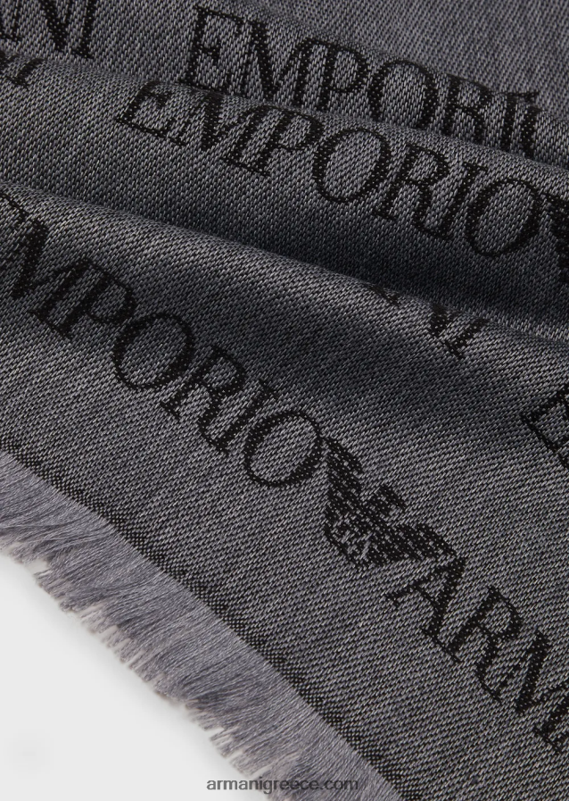άνδρες Armani Φουλάρι από παρθένο μαλλί με λογότυπο ζακάρ και κρόσσια 4046R62123 γκρί