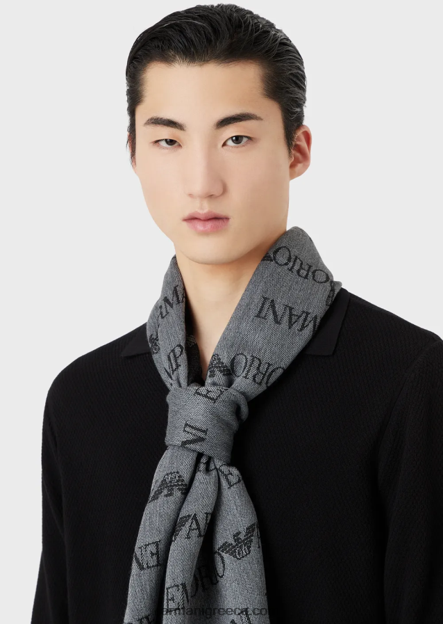 άνδρες Armani Φουλάρι από παρθένο μαλλί με λογότυπο ζακάρ και κρόσσια 4046R62123 γκρί