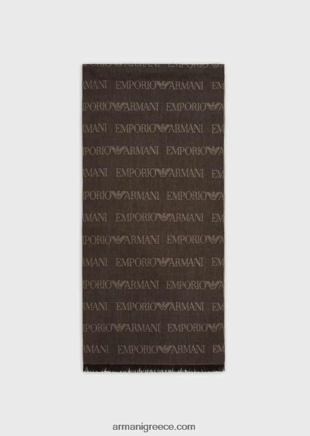 άνδρες Armani Φουλάρι από παρθένο μαλλί με λογότυπο ζακάρ και κρόσσια 4046R62124 καφέ
