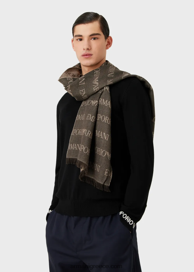 άνδρες Armani Φουλάρι από παρθένο μαλλί με λογότυπο ζακάρ και κρόσσια 4046R62124 καφέ