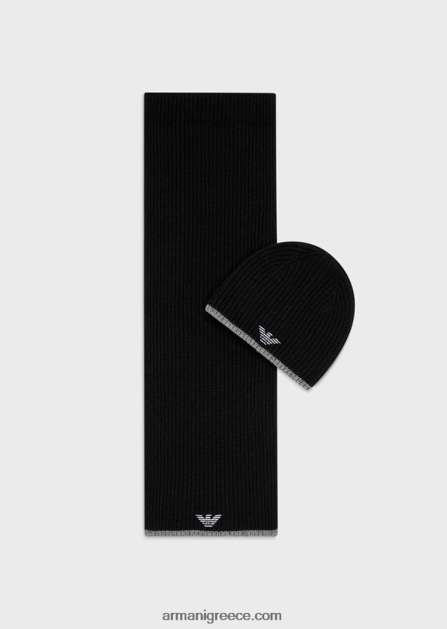 άνδρες Armani Σετ καπέλο και κασκόλ με κεντημένο αετό 4046R62133 μαύρος