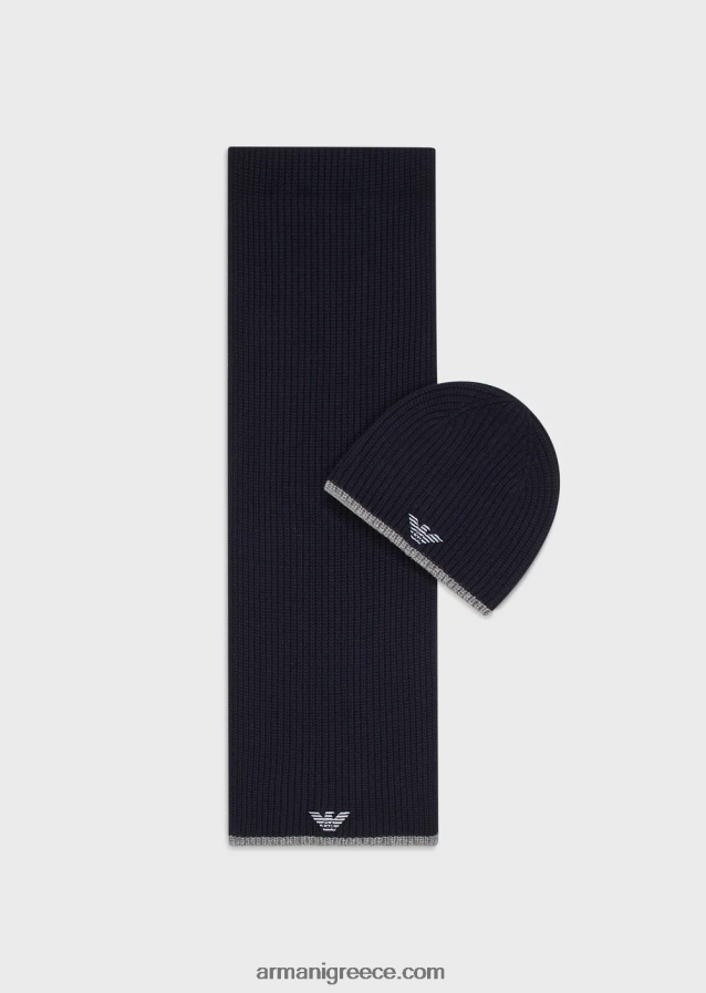 άνδρες Armani Σετ καπέλο και κασκόλ με κεντημένο αετό 4046R62135 ναυτικό μπλε
