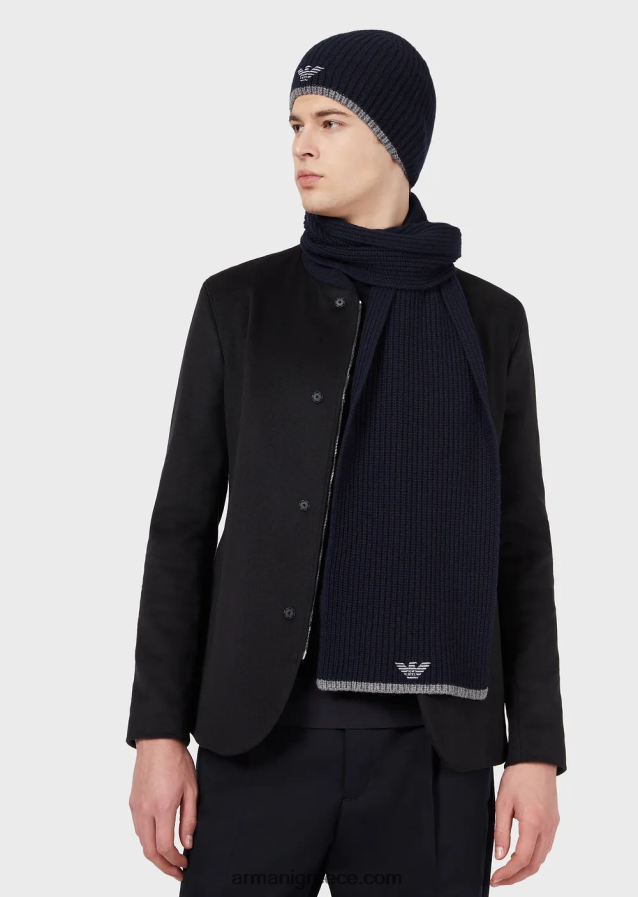 άνδρες Armani Σετ καπέλο και κασκόλ με κεντημένο αετό 4046R62135 ναυτικό μπλε
