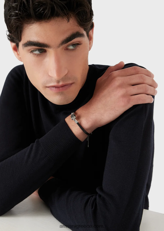 άνδρες Armani Βραχιόλι από μαύρο μάρμαρο και δερμάτινο λουράκι 4046R62072 μαύρος