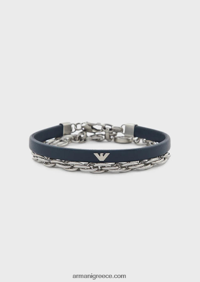 άνδρες Armani Σετ βραχιόλι από μπλε δέρμα και ανοξείδωτο ατσάλι 4046R62079 σκούρο μπλε