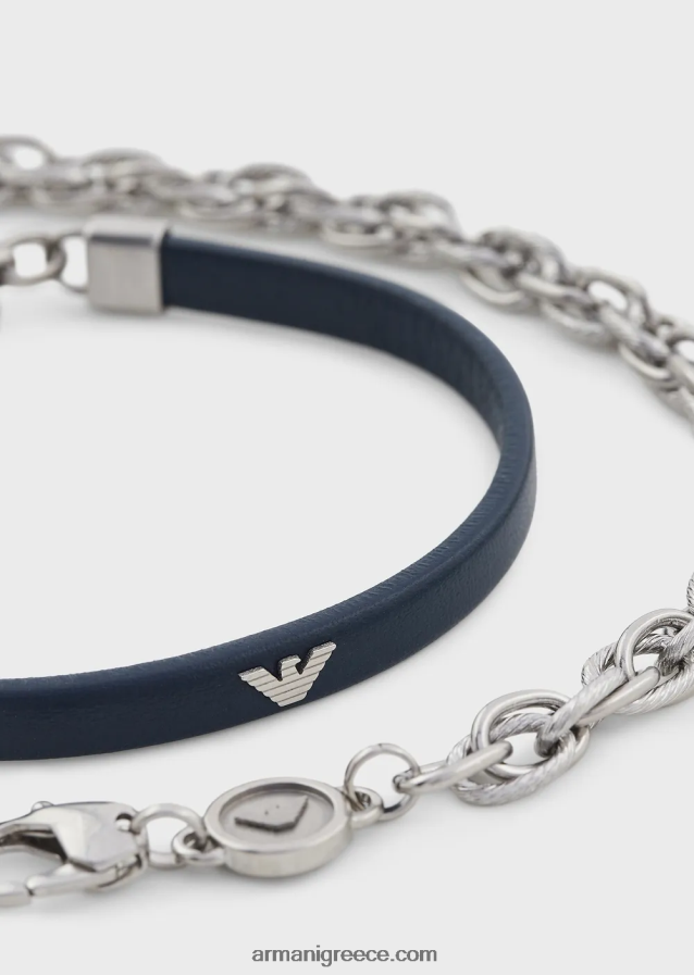 άνδρες Armani Σετ βραχιόλι από μπλε δέρμα και ανοξείδωτο ατσάλι 4046R62079 σκούρο μπλε
