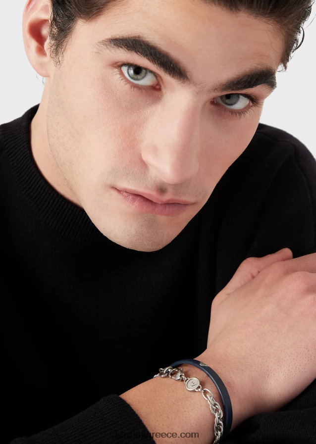 άνδρες Armani Σετ βραχιόλι από μπλε δέρμα και ανοξείδωτο ατσάλι 4046R62079 σκούρο μπλε