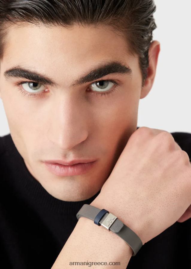 άνδρες Armani μπλε και γκρι δερμάτινο λουράκι βραχιόλι 4046R62105 μαύρος