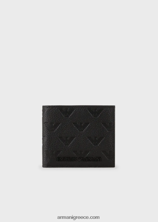 άνδρες Armani δερμάτινο πορτοφόλι με τσέπη για κέρματα με ανάγλυφο αετό 4046R62201 μαύρος