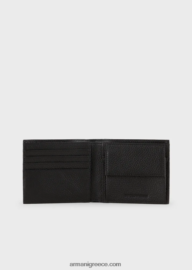 άνδρες Armani δερμάτινο πορτοφόλι με τσέπη για κέρματα με ανάγλυφο αετό 4046R62201 μαύρος