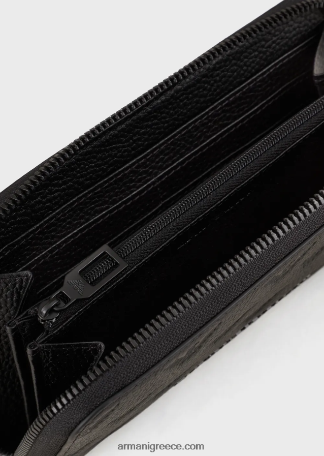 άνδρες Armani Δερμάτινο πορτοφόλι με φερμουάρ και ανάγλυφο αετό 4046R62214 μαύρος