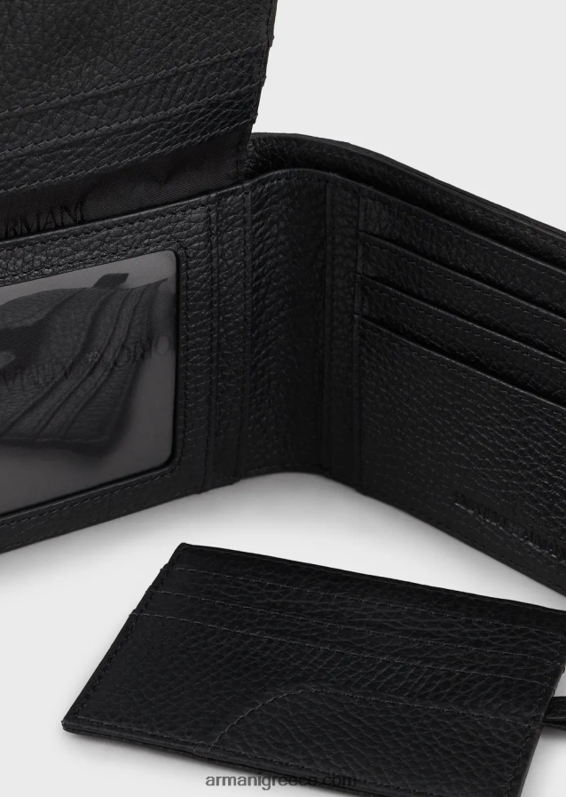 άνδρες Armani δερμάτινο πορτοφόλι με αφαιρούμενη θήκη για κάρτες 4046R62222 μαύρο λογότυπο