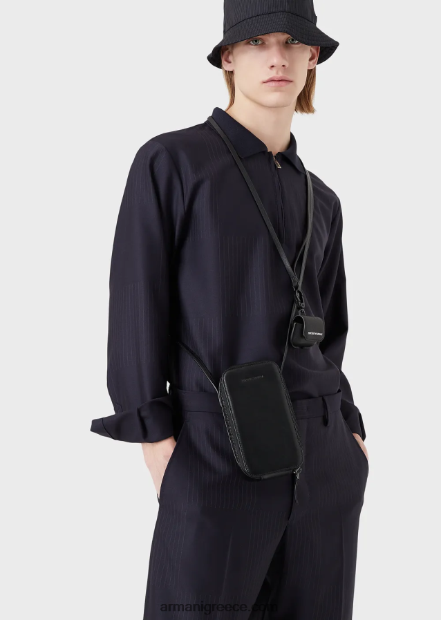 άνδρες Armani δερμάτινη θήκη iphone με λογότυπο και λουράκι 4046R62218 μαύρος