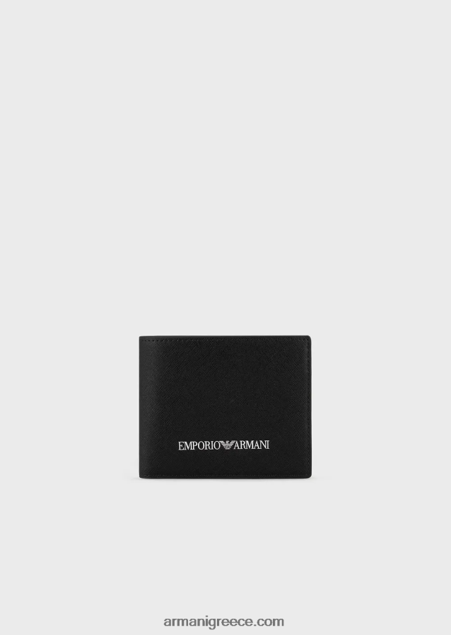 άνδρες Armani Πορτοφόλι με στάμπα saffiano, αναγεννημένο δέρμα με τσέπη για νομίσματα 4046R62202 μαύρος