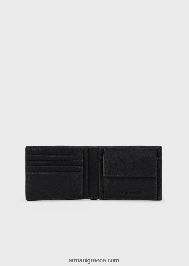 άνδρες Armani Πορτοφόλι με στάμπα saffiano, αναγεννημένο δέρμα με τσέπη για νομίσματα 4046R62202 μαύρος