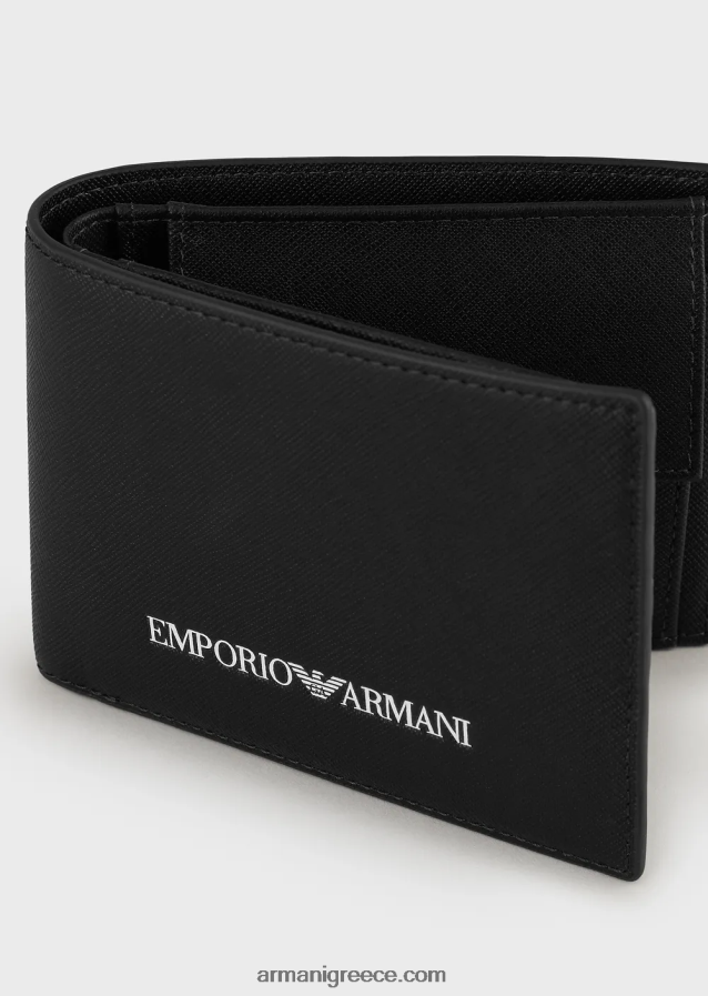 άνδρες Armani Πορτοφόλι με στάμπα saffiano, αναγεννημένο δέρμα με τσέπη για νομίσματα 4046R62202 μαύρος
