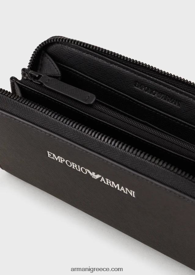 άνδρες Armani Πορτοφόλι με στάμπα saffiano, αναγεννημένο δέρμα με φερμουάρ 4046R62205 μαύρος