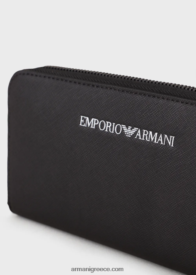 άνδρες Armani Πορτοφόλι με στάμπα saffiano, αναγεννημένο δέρμα με φερμουάρ 4046R62205 μαύρος