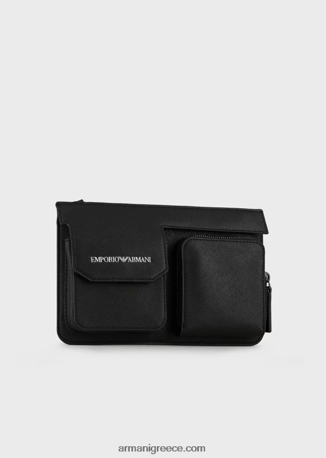 άνδρες Armani Θήκη τεχνολογίας από αναγεννημένο δέρμα με στάμπα saffiano, με εξωτερική τσέπη 4046R62207 μαύρος
