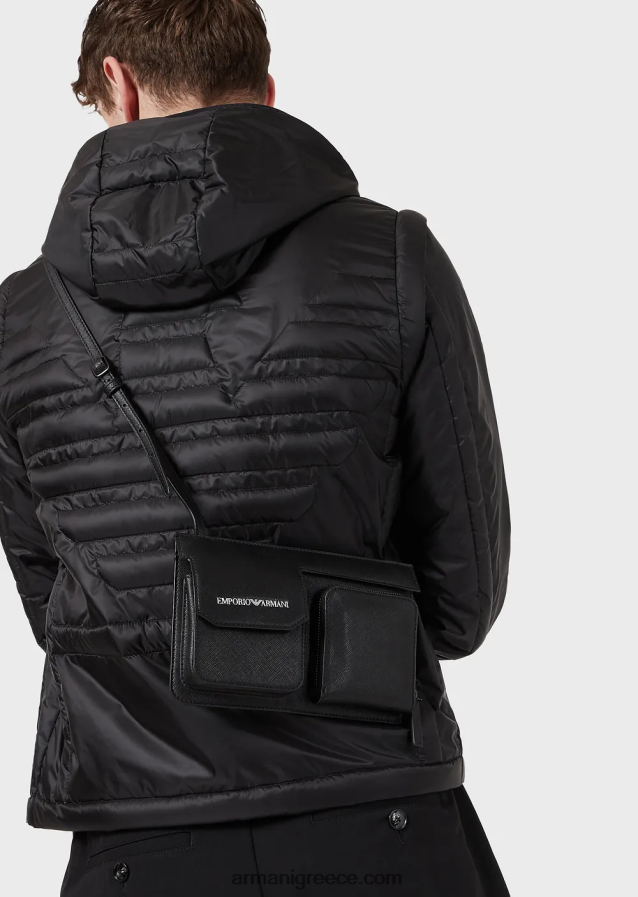 άνδρες Armani Θήκη τεχνολογίας από αναγεννημένο δέρμα με στάμπα saffiano, με εξωτερική τσέπη 4046R62207 μαύρος